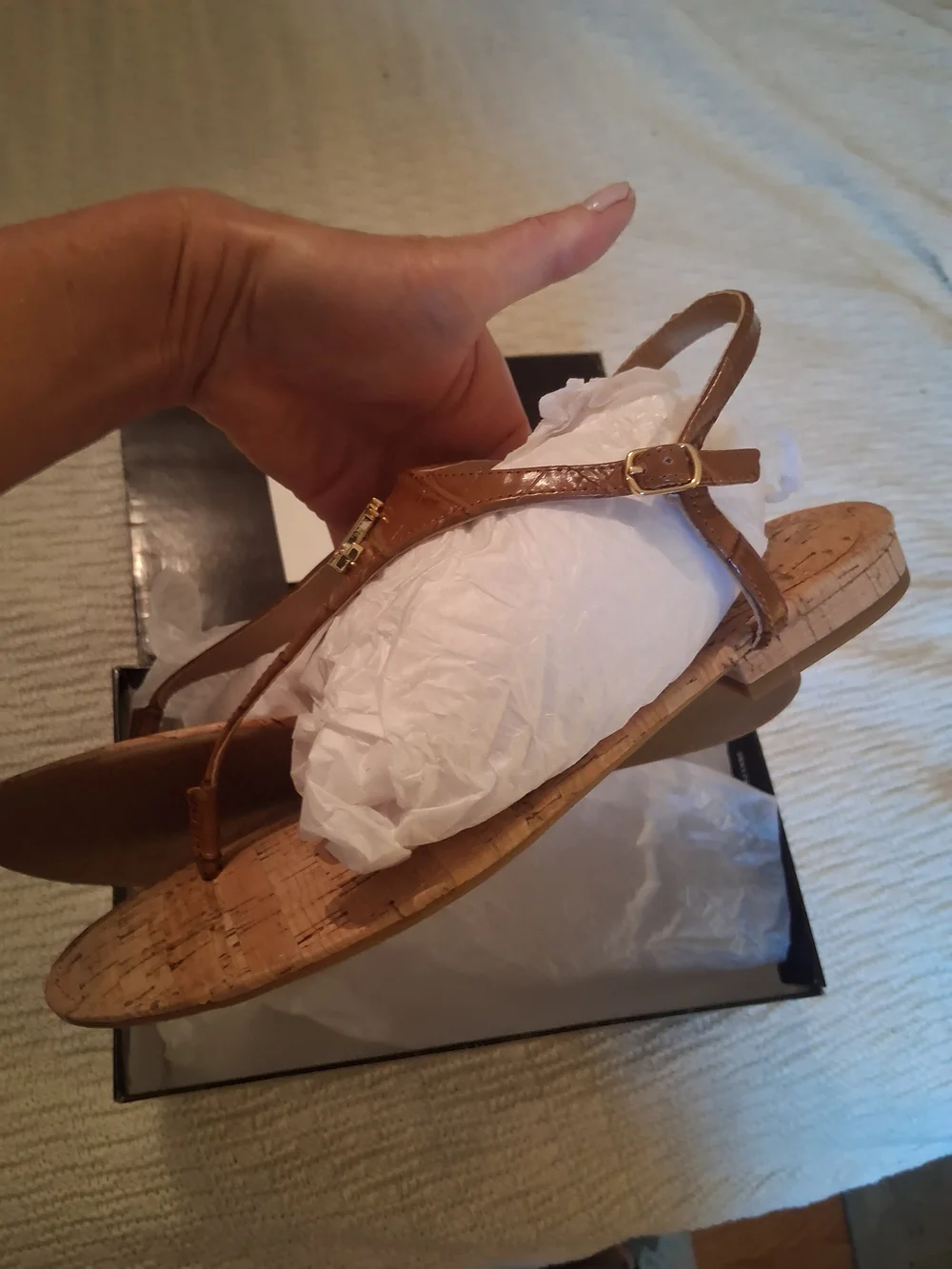 Lauren Ralph Lauren Brown Cork Thong Sandals with RL Logo - Picture 3 of 5